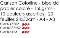 Canson Colorline - bloc de papier coloré - 150g/m² - 10 couleurs assorties - 20 feuilles 24x32cm - A4 - A3 CAN747202 CAN4337252 CAN45123