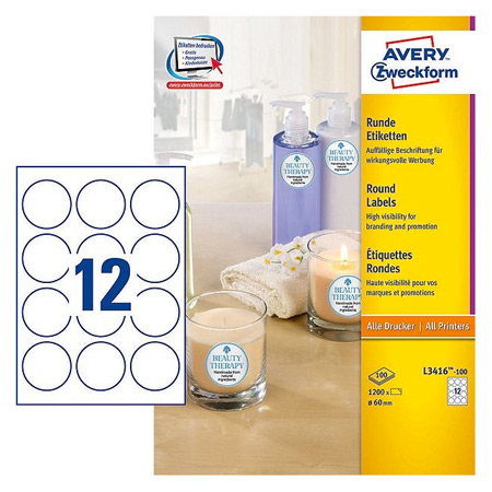 Avery Zweckform Rond labels - 60mm - 12/page - 100 sheets A4 - repositionable - white