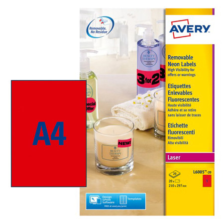 Avery Laser fluorescerende etiketten - 210x297mm - 1/blad - 25 vellen A4 - rechte hoeken - rood