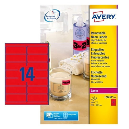 Avery Laser fluorescerende etiketten - 99,1x38,1mm - 14/blad - 25 vellen A4 - rechte hoeken - rood