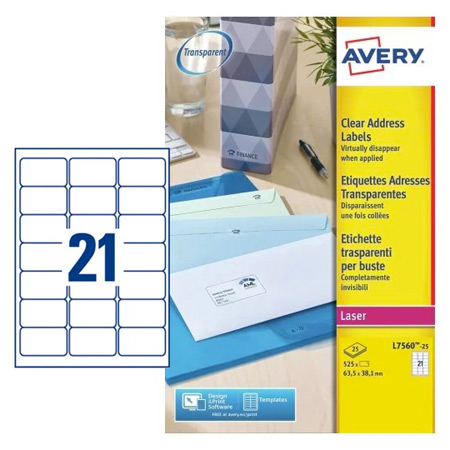 Avery Laser etiketten - 63,5x38,1mm - 21/blad - 25 vellen A4 - ronde hoeken - transparante