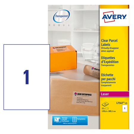 Avery Laser etiketten - 210x297mm - 1/blad - 25 vellen A4 - ronde hoeken - transparante