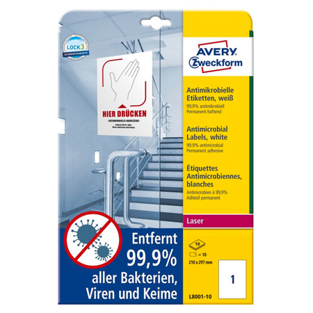 Avery Zweckform Pack of 10 printable antimicrobial labels - A4 - laser printer - permanent adhesive