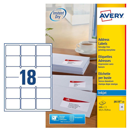 Avery Inkjet etiketten - 63,5x46,6mm - 18/blad - 25 vellen A4 - ronde hoeken - wit