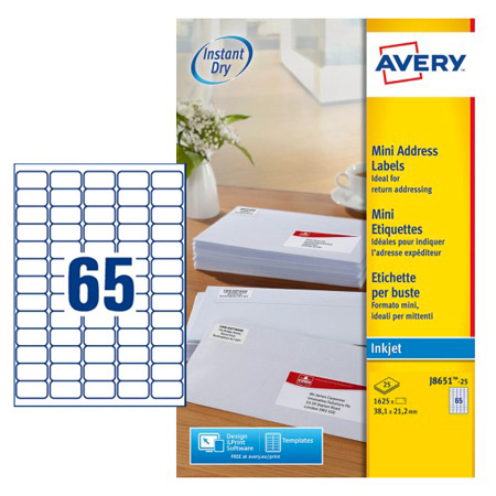 Avery Inkjet etiketten - 38,1x21,2mm - 65/blad - 25 vellen A4 - ronde hoeken - wit