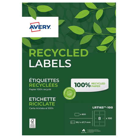 Avery Pakje van 100 vellen van 8 gerecyclede labels - herpositioneerbaar - 99,1x67,7mm - wit