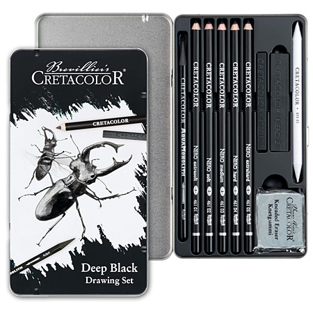 Cretacolor Deep Black Drawing Set - tin - 5 assorted Nero pencils, 3 black  sketching leads & accessories - Schleiper - Complete online catalogue