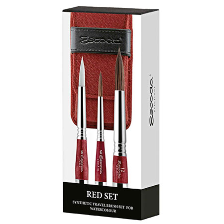 Escoda Red Set - étui en toile - assortiment de 3 pinceaux aquarelle escamotables - fibres synthétiques - forme ronde