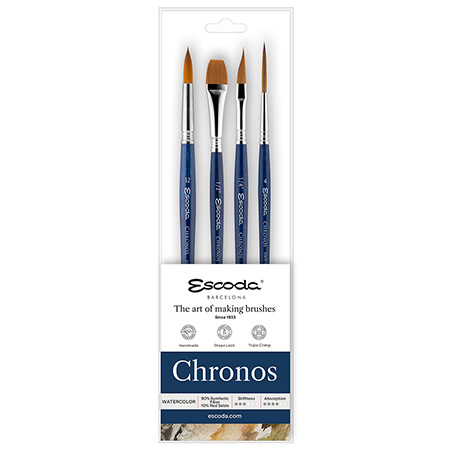 Escoda Chronos - set de 4 pinceaux aquarelle - mélange fibres synthétiques & naturelles - manche court - formes assorties