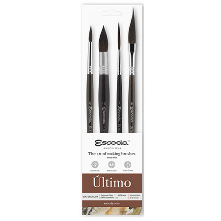 Escoda Ultimo - set van 4 aquarelpenselen - synthetische vezels - korte steel - geassorteerde vormen