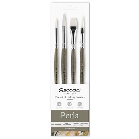 Escoda Perla - set van 4 aquarelpenselen - synthetische vezels - korte steel - geassorteerde vormen