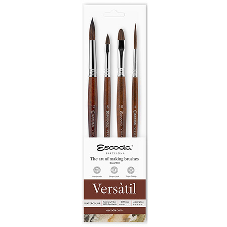 Escoda Versatil - set van 4 aquarelpenselen - synthetische vezels - korte steel - geassorteerde vormen