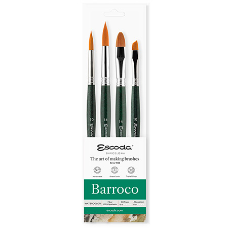 Escoda Barroco - set van 4 aquarelpenselen - synthetische vezels - korte steel - geassorteerde vormen