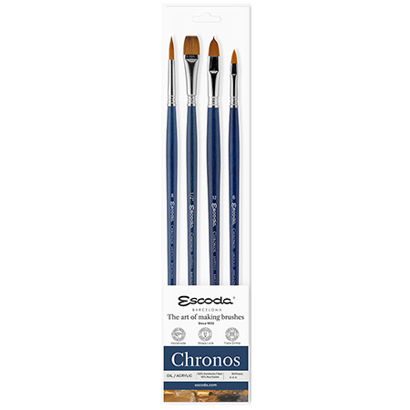 Escoda Chronos - set de 4 pinceaux pour l'huile & l'acrylique - mélange fibres synthétiques & naturelles - manche long - formes assorties