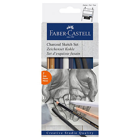 Faber Castell Pitt - set d'esquisse fusain - 2 bâtons de fusain, 2 crayons  fusain assortis, 1 crayon blanc, 1 gomme mie de pain & 1 tortillon -  Schleiper - Catalogue online complet