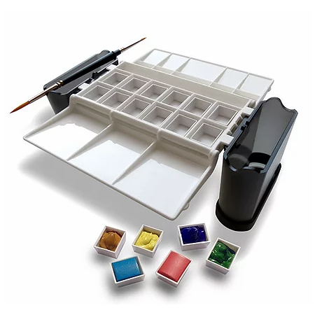 Portable Painter Classic Palette - palette nomade - boîte vide pour aquarelle - 12 demi-godets, 2 réservoirs d'eau & 1 pinceau double