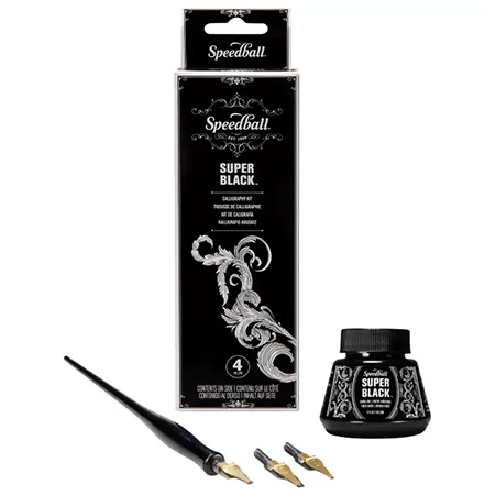 Speedball Calligraphy Kit - 1 pen holder, 3 assorted pen nibs & 1x 59ml bottle of super black ink