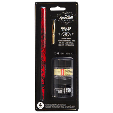 Speedball Calligraphy Signature Set - 1 pen holder, 1 pen nib, 1x12ml bottle super black ink & 1x12ml bottle pen cleaner