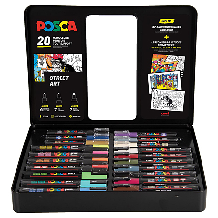 Posca Black Box Metal Street Art - 20 assorted markers + 3 original sheets  to colour - Schleiper - e-shop express