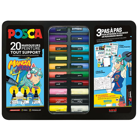 Posca Black Box Metal Manga Hero - assortiment de 20 marqueurs & 3 planches tutos