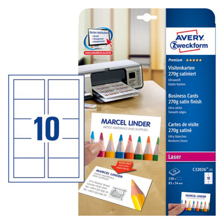 Avery Zweckform Quick & Clean - visitekaarten 270g/m² - gladde rand - map 25 A4 vellen - 250x(85x54mm)